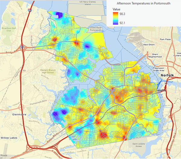 In 2024, Virginia Wesleyan University measured air temperatures in Virginia Beach on one hot afternoon in July. Temperatures varied by more than 6°F across the city. Areas with more pavement and less trees were typically hotter. In 2024, Virginia Wesleyan University measured air temperatures in Virginia Beach on one hot afternoon in July. Temperatures varied by more than 6°F across the city. Areas with more pavement and less trees were typically hotter.